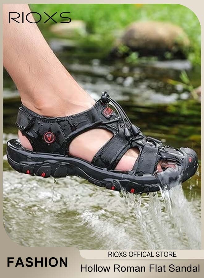 RIOXS Men's Hollow Roman Sandals, Round Closed Toe Flat Sandals, Leather Fisherman Sandals, Athletic Sport Casual Sandals for Men, Waterproof Summer Beach Water Sandals, Lightweight Walking Slids Sandals, Sandals for Trail Beach, Black Hiking Sandals - Image 3